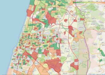 מפה איזורית של ממוצע סימפטומים המאפיינים את COVID-19. מוצגים אזורים בערים שונות שבהם יש לפחות 30 מגיבים, או שכונות עם לפחות 10 מגיבים לשאלון. כל איזור נצבע על פי קטגוריה שנקבעה בהתאם לכמות הממוצעת של סימפטומים שדווחו על-ידי המגיבים באיזור זה. ירוק - אחוז סימפטומים נמוך, אדום - אחוז סימפטומים גבוה. באדיבות דוברות מכון ויצמן