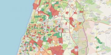 מפה איזורית של ממוצע סימפטומים המאפיינים את COVID-19. מוצגים אזורים בערים שונות שבהם יש לפחות 30 מגיבים, או שכונות עם לפחות 10 מגיבים לשאלון. כל איזור נצבע על פי קטגוריה שנקבעה בהתאם לכמות הממוצעת של סימפטומים שדווחו על-ידי המגיבים באיזור זה. ירוק - אחוז סימפטומים נמוך, אדום - אחוז סימפטומים גבוה. באדיבות דוברות מכון ויצמן