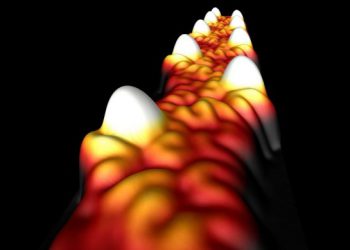 תמונת מיקרוסקופ מנהור סורק של ננו-רצועת גרפן מתכתית בפס-צר. הכתמים הלבנים מתייחסים לאורביטלות המאוכלסות באלקטרון יחיד שאורגנו באופן מוקפד לשם ייצור מצבים מוליכים ארוכי טווח. הרוחב של רצועה זו הוא 1.6 ננומטרים בלבד. [באדיבות: Daniel Rizzo מאוניברסיטת ברקלי]