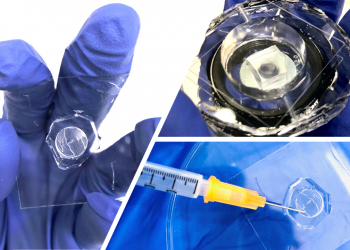 בתמונה השמאלית ובתמונה התחתונה מימין - הרכיב האופטי שיוצר בעזרת תבנית שהודפסה במדפסת תלת-ממד מסחרית. מימין למעלה - הרכיב האופטי ממוקם בתוך מיכל כדי להתאים לו נוזל בעל מקדם שבירה מתאים. צילום: הטכניון