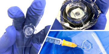 בתמונה השמאלית ובתמונה התחתונה מימין - הרכיב האופטי שיוצר בעזרת תבנית שהודפסה במדפסת תלת-ממד מסחרית. מימין למעלה - הרכיב האופטי ממוקם בתוך מיכל כדי להתאים לו נוזל בעל מקדם שבירה מתאים. צילום: הטכניון