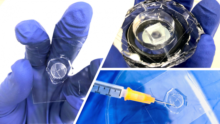 בתמונה השמאלית ובתמונה התחתונה מימין - הרכיב האופטי שיוצר בעזרת תבנית שהודפסה במדפסת תלת-ממד מסחרית. מימין למעלה - הרכיב האופטי ממוקם בתוך מיכל כדי להתאים לו נוזל בעל מקדם שבירה מתאים. צילום: הטכניון