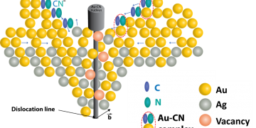 איור סכמטי המתאר נוקליאציה וגידול חד-ממדי של ננו מחטי זהב-ציאניד לאורך נקע בסגסוגת המקורית במהלך תהליך הפרדת הסגסוגת הקלאסי