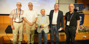 גדעון פרנק יו"ר הוועד המנהל, יהודה זיסאפל, אלוף (מיל') עמוס חורב, נשיא הטכניון פרופ' אורי סיון ויו"ר הקורטוריון סקוט לימסטר. צילום: ניצן זוהר, דוברות הטכניון