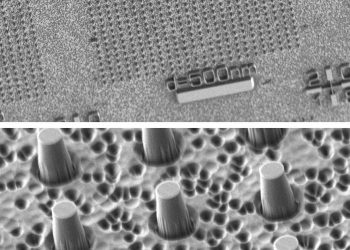 המערך שבו משתמשים החוקרים: ממברנה דקה שעשויה מיהלום בעובי 30 מיקרון עם חיישן אחד בממוצע בקצהו העליון של כל עמוד. התמונה העליונה - הגדלה פי 2,640, התחתונה - פי 32,650