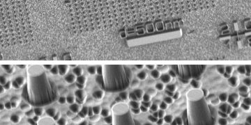 המערך שבו משתמשים החוקרים: ממברנה דקה שעשויה מיהלום בעובי 30 מיקרון עם חיישן אחד בממוצע בקצהו העליון של כל עמוד. התמונה העליונה - הגדלה פי 2,640, התחתונה - פי 32,650