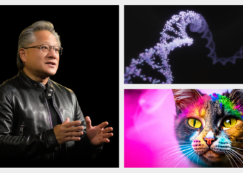 מייסד ומנכ"ל אנבידיה ג'נסן הואנג עם יצירות שנוצרו בידי בינה מלאכותית יוצרת. צילום: אנבידיה