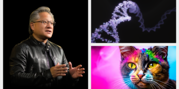 מייסד ומנכ"ל אנבידיה ג'נסן הואנג עם יצירות שנוצרו בידי בינה מלאכותית יוצרת. צילום: אנבידיה