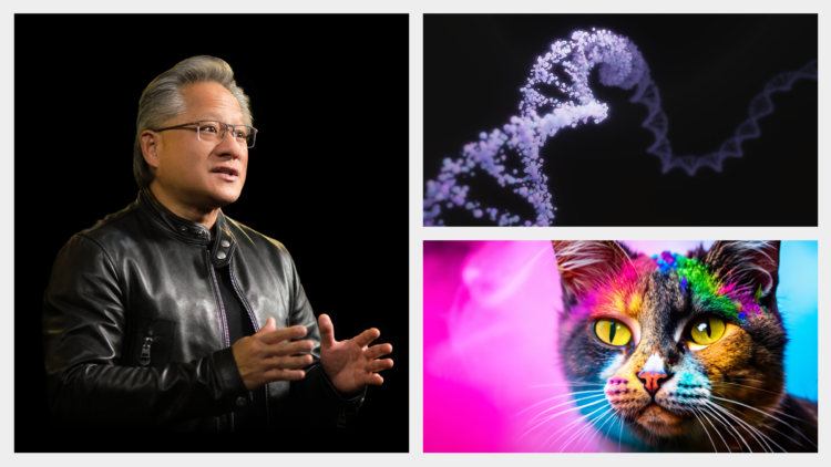 מייסד ומנכ"ל אנבידיה ג'נסן הואנג עם יצירות שנוצרו בידי בינה מלאכותית יוצרת. צילום: אנבידיה