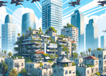 מגדלי ההייטק בתל אביב תחת מלחמה. האיור הוכן באמצעות תוכנת הבינה המלאכותית DALEE