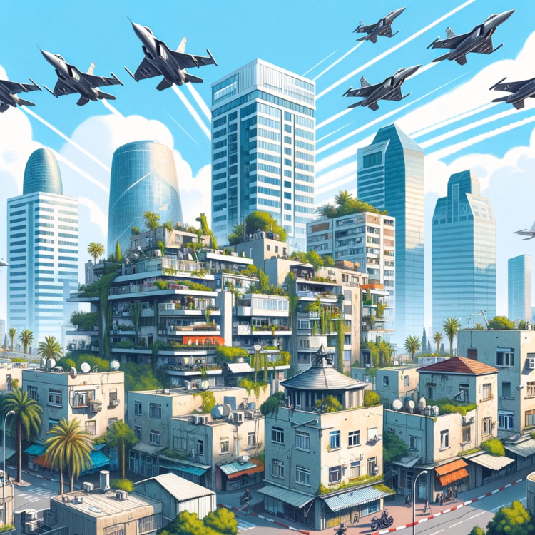 מגדלי ההייטק בתל אביב תחת מלחמה. האיור הוכן באמצעות תוכנת הבינה המלאכותית DALEE