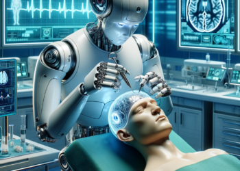 השתלת שבב במוח על ידי רובוט. התמונה הוכנה על ידי DALEE 3 לאחר קריאת הכתבה. רעיון: אבי בליזובסקי