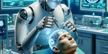 השתלת שבב במוח על ידי רובוט. התמונה הוכנה על ידי DALEE 3 לאחר קריאת הכתבה. רעיון: אבי בליזובסקי