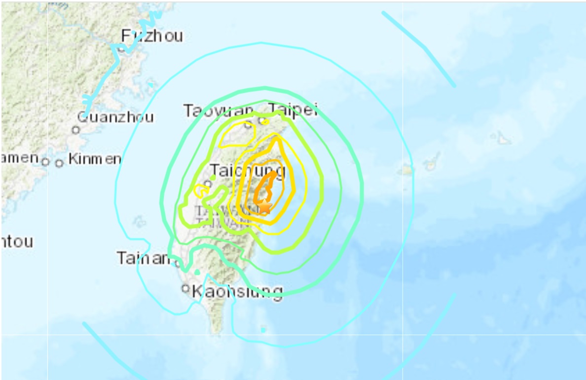 מפת השפעת רעידת האדמה בעוצמה 7.4 בטאיוואן, 3 באפריל 2024. מתוך אתר השירות הגיאולוגי האמריקני USGS