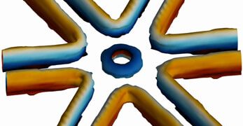 טבעת וקווי מערבולות שנוצרים בהשפעה ההדדית בין שלושה פוטונים. הצבע מתאר את הפאזה של השדה החשמלי, שעושה סיבוב שלם (360 מעלות) סביב המערבולת