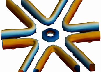 טבעת וקווי מערבולות שנוצרים בהשפעה ההדדית בין שלושה פוטונים. הצבע מתאר את הפאזה של השדה החשמלי, שעושה סיבוב שלם (360 מעלות) סביב המערבולת