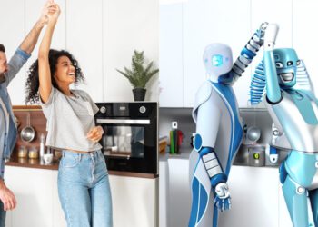 משמאל – תמונה של זוג במטבח, מימין – צילום שיצר המודל הממוחשב לאחר שהוצג לו הצילום המקורי בצירוף ההנחיה: “שני רובוטים רוקדים במטבח”