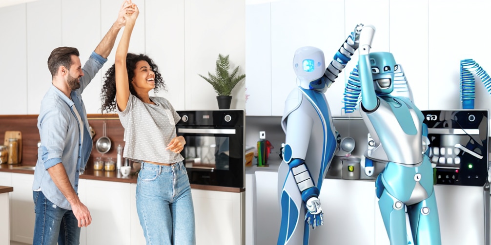 משמאל – תמונה של זוג במטבח, מימין – צילום שיצר המודל הממוחשב לאחר שהוצג לו הצילום המקורי בצירוף ההנחיה: “שני רובוטים רוקדים במטבח”