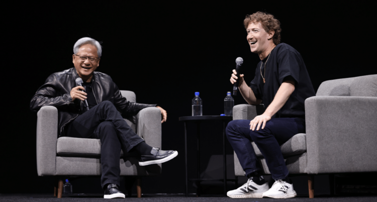 מנכ"ל אנבידיה ג'נסן הואנג (משמאל) ומנכ"ל מטא מארק צוקרברג בכנס SIGGRAPH 2024. צילום יחצ