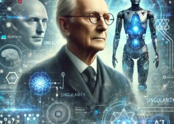 ריי קורצוויל על רקע פרטים מהתחזיות שלו. האיור הוכן באמצעות DALEE