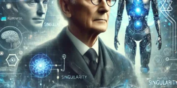 ריי קורצוויל על רקע פרטים מהתחזיות שלו. האיור הוכן באמצעות DALEE