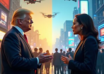 טראמפ מול האריס בתחום הטכנולוגיה. איור באמצעות בינה מלאכותית