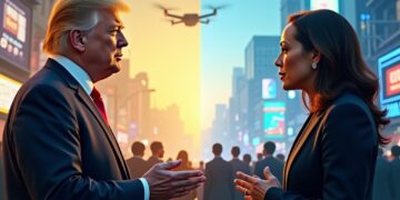 טראמפ מול האריס בתחום הטכנולוגיה. איור באמצעות בינה מלאכותית