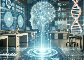 בינה מלאכותית מפענחת את הגנום. האיור הוכן באמצעות DALEE ואינו מהווה תמונה מדעית