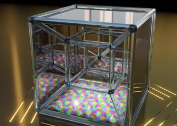 טסרקט (קובייה ארבעה-ממדית) וה"צל" שהוא מטיל על מישור - הקוואזי-גביש שגילה שכטמן. לדברי פרופ' ברטל, "העובדה שקוואזי-גביש הוא "צל" של גביש מחזורי במימד גבוה אינה חדשה לכשעצמה. אנחנו גילינו שההטלה היא לא רק של אלא גם של תכונות טופולוגיות כמו חורים, עיוותים או מערבולות". איור: Florian Sterl, Sterltech Optics