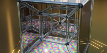 טסרקט (קובייה ארבעה-ממדית) וה"צל" שהוא מטיל על מישור - הקוואזי-גביש שגילה שכטמן. לדברי פרופ' ברטל, "העובדה שקוואזי-גביש הוא "צל" של גביש מחזורי במימד גבוה אינה חדשה לכשעצמה. אנחנו גילינו שההטלה היא לא רק של אלא גם של תכונות טופולוגיות כמו חורים, עיוותים או מערבולות". איור: Florian Sterl, Sterltech Optics