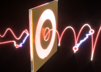 התמרה, המתרחשת במערכת ננומטרית, של שני פוטונים למצב שזור בתנועה הסיבובית הכוללת. (קרדיט: שלום בוברמן, shultzo3d)