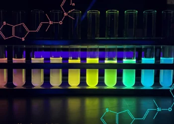 מבחנות המכילות את קופולימרי הסיליקון החדשים, מופרדים לפי אורך השרשראות, מארוך לקצר, מספקות עדות חזותית לפער האנרגיה המשתנה בסיליקון המוליך למחצה החדש. הארה באור UV יוצרת קשת של מבחנות כשהשרשראות הארוכות זזות לכיוון הקצה האדום של הספקטרום הא"מ, ומצריכות פחות אנרגיה כדי לבלוע ולפלוט אור באנרגיות נמוכות יותר. קרדיט: Zijing (Jackie) Zhang.