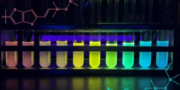 מבחנות המכילות את קופולימרי הסיליקון החדשים, מופרדים לפי אורך השרשראות, מארוך לקצר, מספקות עדות חזותית לפער האנרגיה המשתנה בסיליקון המוליך למחצה החדש. הארה באור UV יוצרת קשת של מבחנות כשהשרשראות הארוכות זזות לכיוון הקצה האדום של הספקטרום הא"מ, ומצריכות פחות אנרגיה כדי לבלוע ולפלוט אור באנרגיות נמוכות יותר. קרדיט: Zijing (Jackie) Zhang.