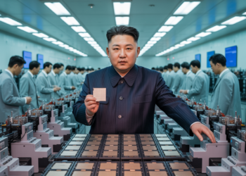 המחשה המראה את נשיא צפון קוריאה קים-ג'ונג און במפעל שבבים. האיור אינו צילום אמיתי והוכן על ידי תוכנת הבינה המלאכותית ideogram.ai