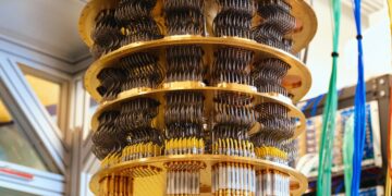 כיתוב תמונה: חוקרים מ-TUM, מפרינסטון ומוצרי Google Quantum AI השתמשו במחשב קוונטי כדי לדמות את האינטראקציות המורכבות שמתוארות בתיאוריות כיול – המסגרות המתמטיות מאחורי הכוחות היסודיים של הטבע. המחשב הקוונטי של גוגל. קרדיט: יחצ