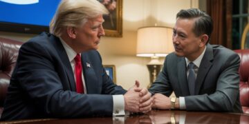 נשיא ארה"ב דונאלד טראמפ ומנכ"ל אינטל ליפ-בו טאן. איור אבי בליזובסקי באמצעות IDOGRAM.AI