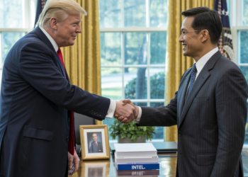 הדמיה של מפגש בין מנכ"ל אינטל ליפ-בו טאן ונשיא ארה"ב דונאלד טראמפ. איור IDEOGRAM.AI