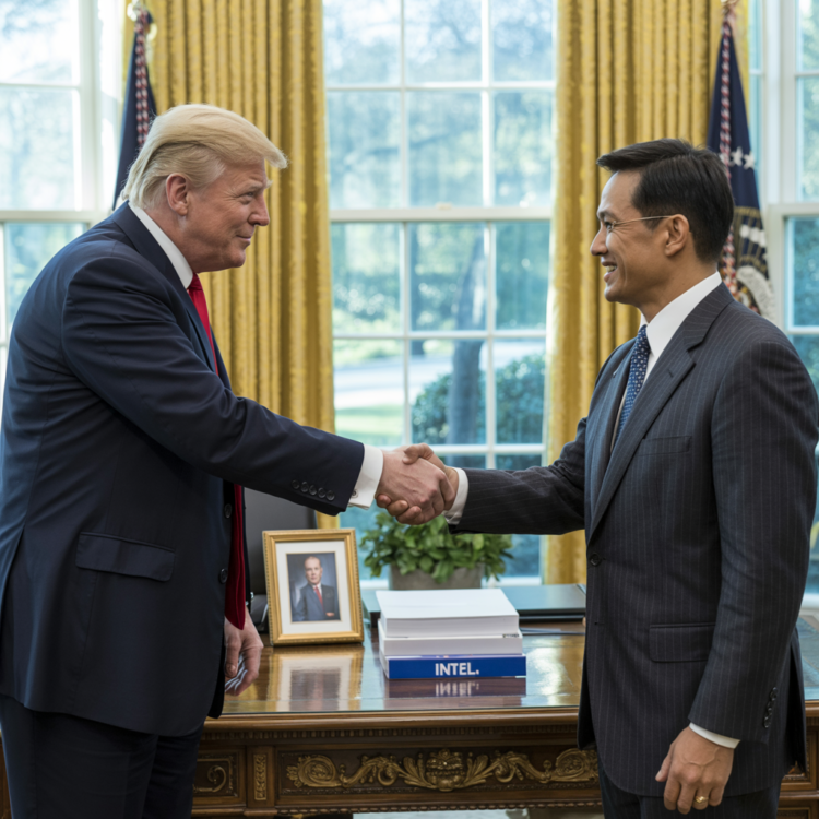הדמיה של מפגש בין מנכ"ל אינטל ליפ-בו טאן ונשיא ארה"ב דונאלד טראמפ. איור IDEOGRAM.AI