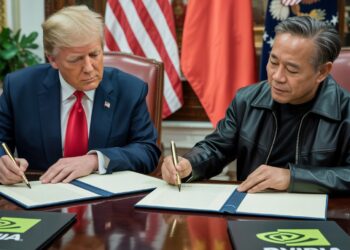 דונאלד טראמפ ומנכ"ל אנבידיה ג'נסון הואנג. איור: אבי בליזובסקי באמצעות IDEOGRAM.AI