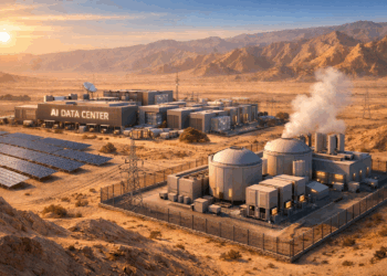 הדמיה של מרכז נתונים לבינה מלאכותית בנגב עם אמצעי אנרגיה הכוללים גם כור גרעיני קטן. איור: אבי בליזובסקי באמצעות DALEE