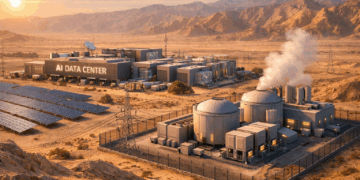 הדמיה של מרכז נתונים לבינה מלאכותית בנגב עם אמצעי אנרגיה הכוללים גם כור גרעיני קטן. איור: אבי בליזובסקי באמצעות DALEE