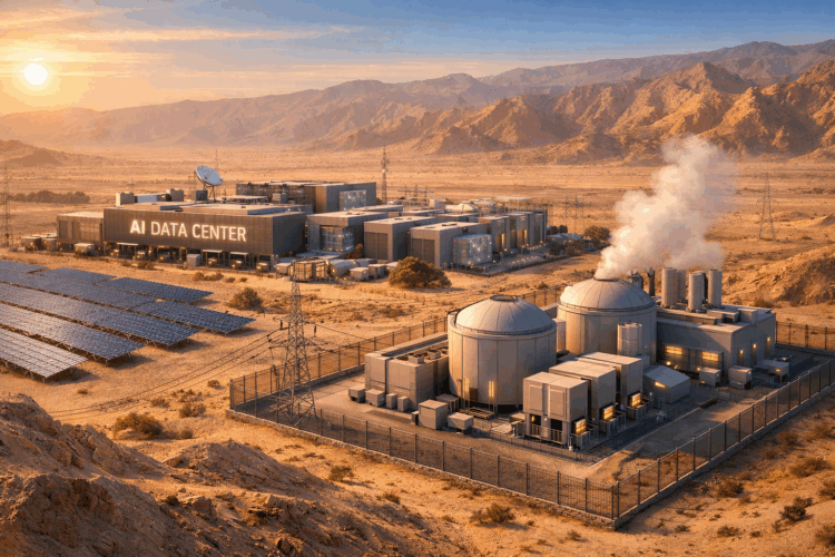הדמיה של מרכז נתונים לבינה מלאכותית בנגב עם אמצעי אנרגיה הכוללים גם כור גרעיני קטן. איור: אבי בליזובסקי באמצעות DALEE