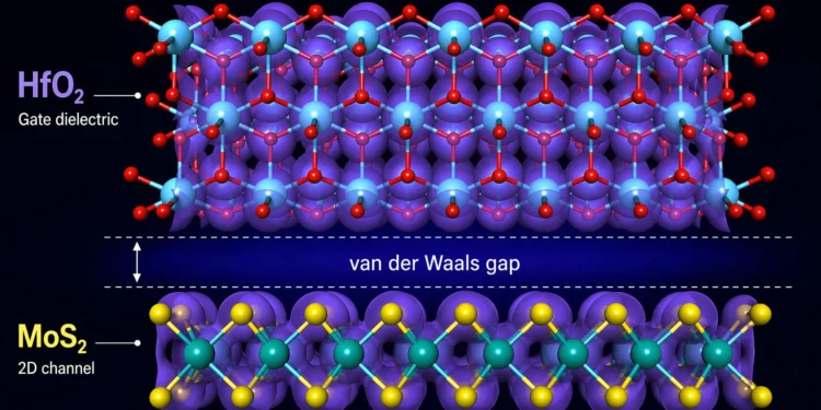 חומר דו־ממד ושכבת בידוד יוצרים ביניהם פער אטומי זעיר, שיכול להשפיע על ביצועי טרנזיסטורים עתידיים. קרדיט: TU Wien