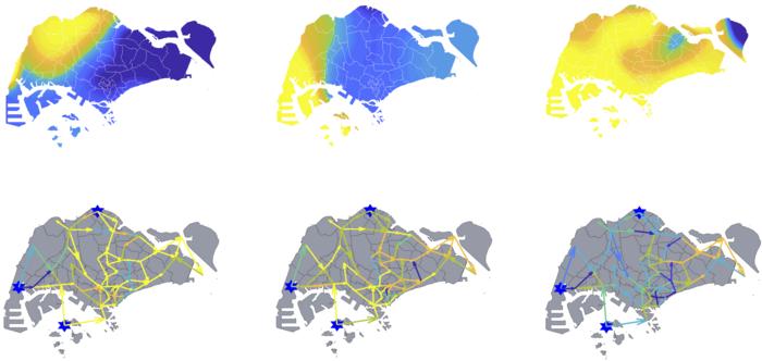 איור הממחיש כיצד  כלי רכב חשמליים יכולים לסייע באיזון רשת החשמל העירונית כאשר ייצור החשמל הסולארי משתנה בזמן סופות רעמים חולפות. קרדיט: Urban Systems Engineering Lab.